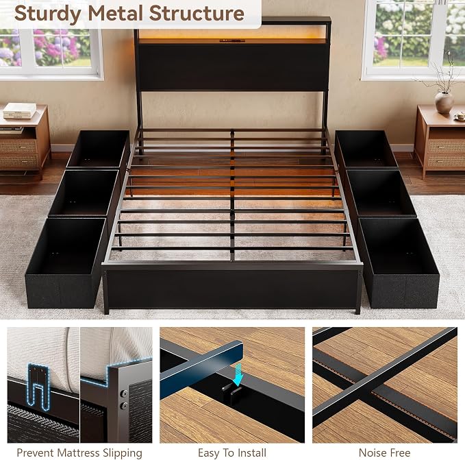 Forestell Full Size Bed Frame with Storage Headboard & 6 Drawers, Metal Platform Bed Frame with LED Lights & Charging Station, 2 Tier Shelf Storage Bedframe, No Box Spring Needed, Noise Free, Black