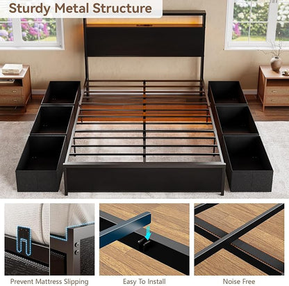 Forestell Full Size Bed Frame with Storage Headboard & 6 Drawers, Metal Platform Bed Frame with LED Lights & Charging Station, 2 Tier Shelf Storage Bedframe, No Box Spring Needed, Noise Free, Black