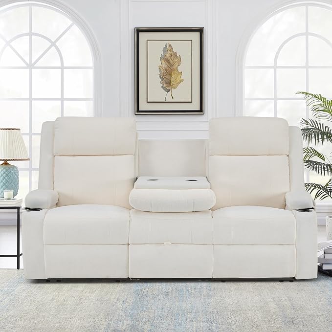 GUEAPY Large Manual Reclining Sofa 3-Seater Chenille Reclining Couch with Cup Holders, Wide Seat, Easy Assembly & Spill-Resistant Fabric Cozy Reclining Sofa for Living Room, Apartment, RV, Beige
