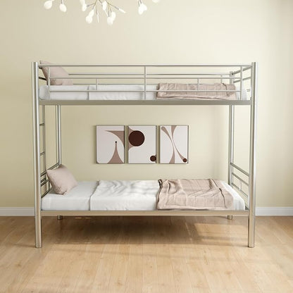 Metal Twin Over Twin Bunk Bed, Heavy-Duty Metal Bunk Bed, Noise Reduced Design/Safety Guardrail/2 Side Ladders/No Box Spring Needed (Silver)