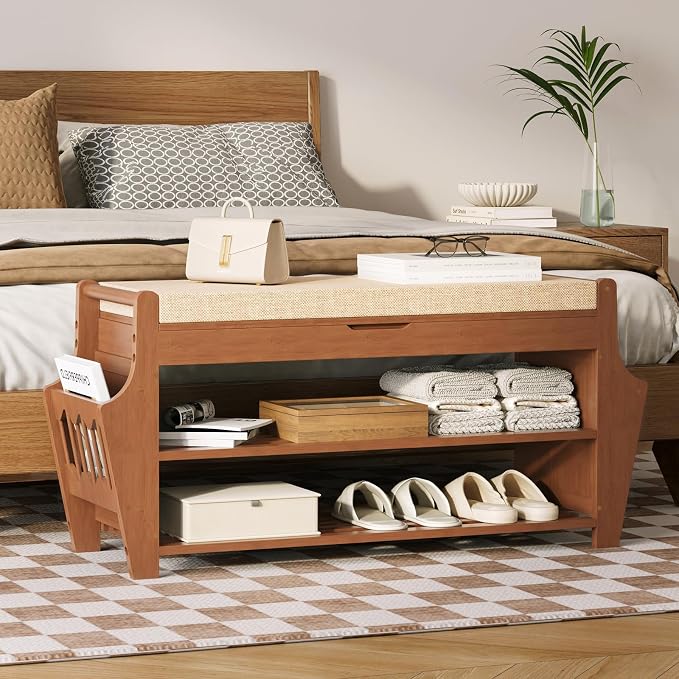 oakvivo 34.3in Shoe Bench, Bamboo 3-Tier Entryway Bench with Storage, Shoe Rack Organizer Holds Up to 330 lb, 34.3 x 11.8 x 18.9 Inches for Entryway Bedroom Closet Living Room Hallway