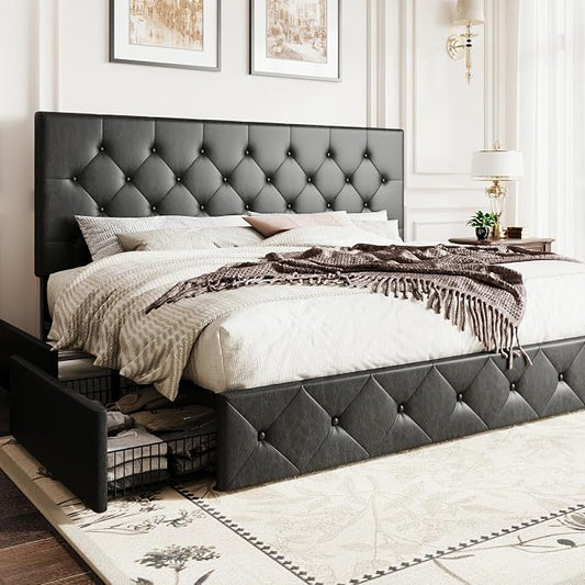 SHA CERLIN Upholstered King Platform Storage Bed Frame with 4 Drawers, Adjustable Headboard with Faux Leather Diamond Button Tufted Design, Wooden Slat Support, No Box Spring Needed, Black