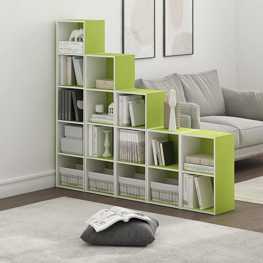 Furinno PASIR Book Shelf, 2-Tier Modern Bookshelf, Open Shelves Bookcase 9 x 12 x 21, Easy Assembly, for Living Room, Bedroom, Home Office, Green/White
