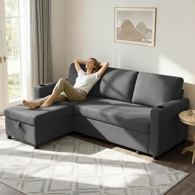 KISLOT 84 Inch Sectional Sleeper Sofa with Pull Out Bed Convertible 2 in 1 Couch with Storage Chaise & USB Charging Comfy L Shaped Modular Couches for Living Room Apartment(2 Box)