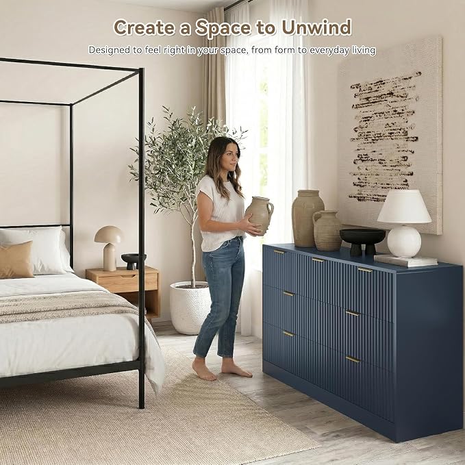 Navy Blue 7 Drawer Dresser for Bedroom, 55" Wide Fluted Chest of Drawers with Gold Metal Handles, Modern Wood Dresser Closet Storage Organizer Mid Century TV Stand for Living Room Hallway
