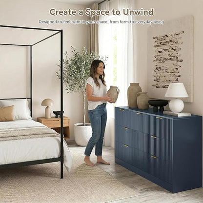 Navy Blue 7 Drawer Dresser for Bedroom, 55" Wide Fluted Chest of Drawers with Gold Metal Handles, Modern Wood Dresser Closet Storage Organizer Mid Century TV Stand for Living Room Hallway
