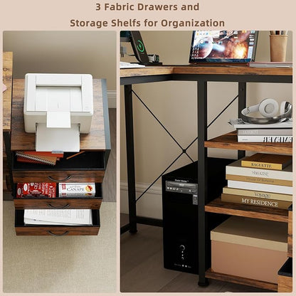 YOSHOOT 55" L Shaped Computer Desk with 3 Fabric Drawers, Gaming Desk | Office Desk with Power Outlets & Open Shelves, Corner Desk L Shape for Home Office Work Study, Rustic Brown