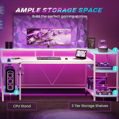 SEDETA White Gaming Desk 70.8'' with LED Lights and Storage Shelves, Computer Desk with Monitor Stand, Power Outlets and Cup Holder, Large PC Gamer Desk, Gaming Table for Bedroom, Living Room