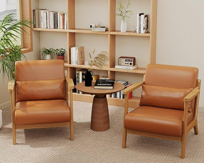 Accent Chair and Ottoman Set, Mid-Century Modern Faux Leather Armchair with Solid Wood Frame for Living Room, Bedroom, Balcony, Brown