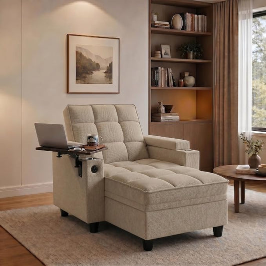 Convertible Sleeper Chair, Pull Out Sofa Bed with Adjustable Backrest & Hidden Storage Armrest, Single Sofa Recliner with USB Charging Port & Cup Holders for Living Room, Bedroom, Khaki