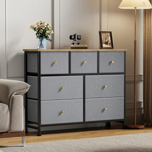 Sweetcrispy 7 Drawer Dresser with Fabric Bins, Fabric Storage Tower Organizer for Bedroom, Closet, Hallway, Entryway, Tall Chest of Drawers with Steel Frame, Wood Top, Large Storage, Gray Blue