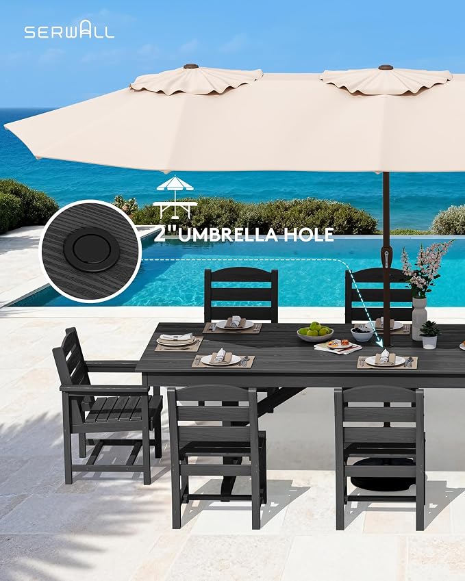 SERWALL 9 Piece 84" HDPE Outdoor Dining Set with 6 Armless Chairs, 2 Armchairs and Umbrella Hole for 8, Black