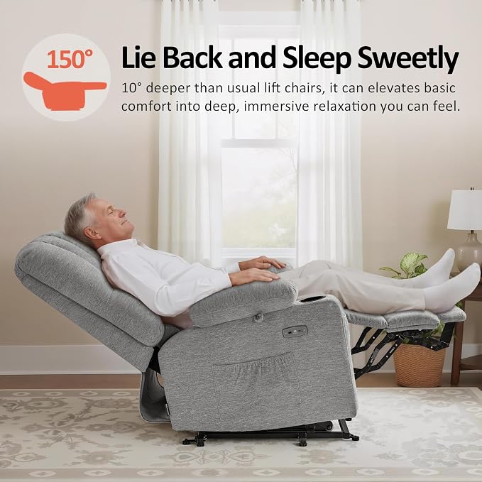 MCombo Large Power Lift Recliner Chair for Elderly, Lift Chair with Heat and Massage, 3 Positions, USB Charge Ports, Cup Holders, Fabric 7099 (Large, Grey)
