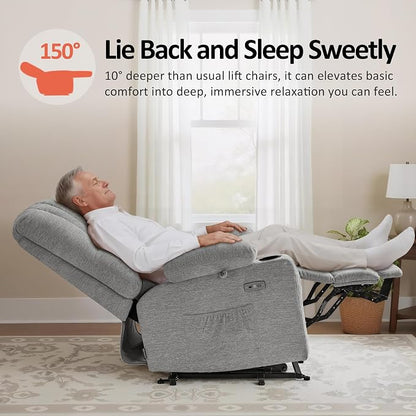 MCombo Large Power Lift Recliner Chair for Elderly, Lift Chair with Heat and Massage, 3 Positions, USB Charge Ports, Cup Holders, Fabric 7099 (Large, Grey)