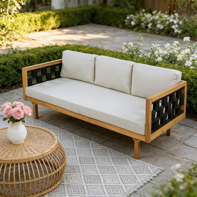 Merax 2 Piece Acacia Wood Outdoor Conversation Set, 3-Seater Outdoor Daybed Sofa with Cushions & Round Coffer Table, Weather-Resistant Patio Furniture Set for Garden Backyard Balcony, Light-Grey