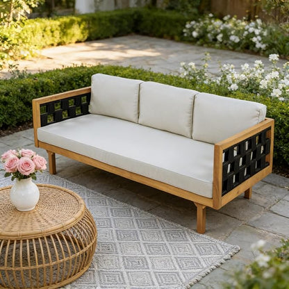 Merax 2 Piece Acacia Wood Outdoor Conversation Set, 3-Seater Outdoor Daybed Sofa with Cushions & Round Coffer Table, Weather-Resistant Patio Furniture Set for Garden Backyard Balcony, Light-Grey