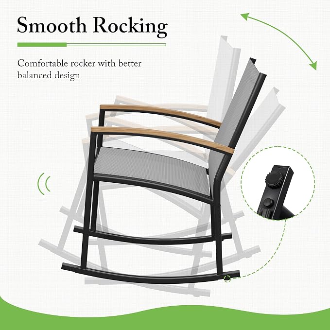 Shintenchi 3 Pieces Patio Rocking Bistro Sets,Outdoor Textilene Fabric Conversation Bistro Set,Front Porch Rocker Chairs Small Patio Furniture Set with Table for Lawn,Garden,Balcony(Light Gray)