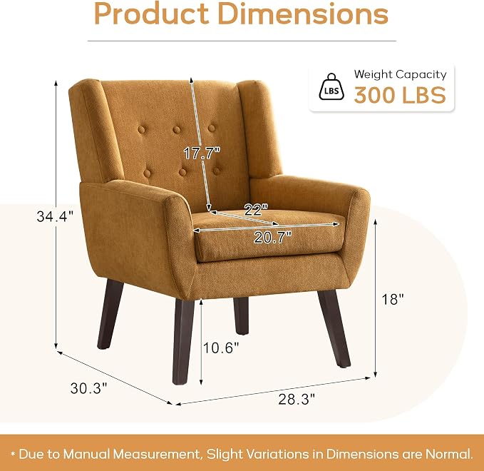 HUIMO Accent Chairs Set of 4, Upholstered Button Tufted Armchair, Linen Fabric Sofa Chairs for Bedroom, Living Room, Mid Century Modern Comfy Reading Chair (4, Yellow)
