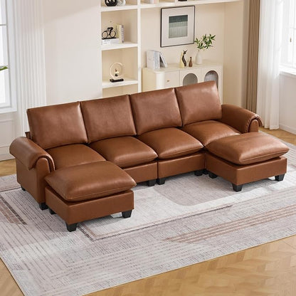 118" Faux Leather Modular Sectional Sofa with 2 Ottoman, Oversized 4 Seater Couch with Curved Armrests, Cloud Modern U-Shaped Sofa Deep Seat for Living Room, Brown