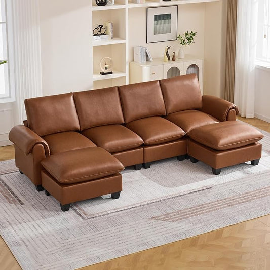 118" Faux Leather Modular Sectional Sofa with 2 Ottoman, Oversized 4 Seater Couch with Curved Armrests, Cloud Modern U-Shaped Sofa Deep Seat for Living Room, Brown