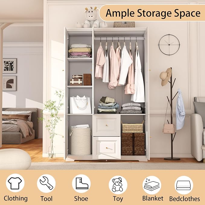 Bedroom Armoire Wardrobe Closet with Drawers: White Wardrobe Closet for Hanging Clothes, Large Wardrobes Storage Closets, Wood Closets Cabinets with Doors and Shelves (White, 47")