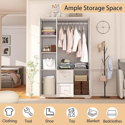 Bedroom Armoire Wardrobe Closet with Drawers: White Wardrobe Closet for Hanging Clothes, Large Wardrobes Storage Closets, Wood Closets Cabinets with Doors and Shelves (White, 47")