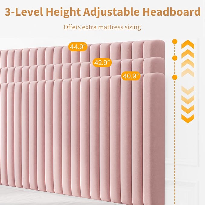 IDEALHOUSE Full Bed Frame with Adjustable Headboard, Velvet Upholstered Platform Bed Frame Full Size, Strong Wooden Slats, No Box Spring Needed, Easy Assembly, Pink