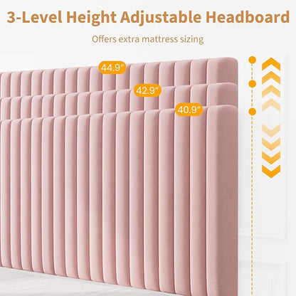 IDEALHOUSE Full Bed Frame with Adjustable Headboard, Velvet Upholstered Platform Bed Frame Full Size, Strong Wooden Slats, No Box Spring Needed, Easy Assembly, Pink
