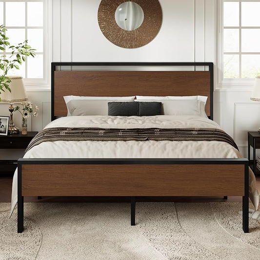 Allewie Full Size Platform Bed Frame with Wooden Headboard and Footboard, Heavy Duty 12 Metal Slats Support, No Box Spring Needed, Under-Bed Storage, Noise Free, Easy Assembly, Walnut