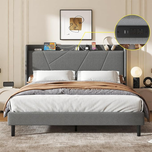 King Size Linen Bed Frame, Storage Headboard with Charging Station, Upholstered Platform Bed with Wooden Slats Support, Solid and Stable, Noise Free, No Box Spring Needed, Easy Assembly, Gray
