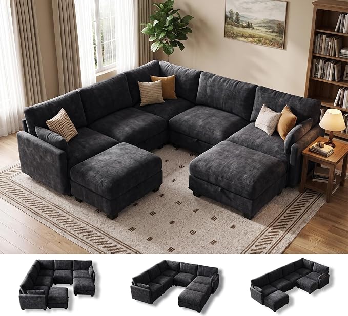 Modular Sectional V Shaped Sofa Couches for Living Room, Cloud Couch with Storage Ottoman, Comfy Chenille Sofa with Pillow, Black