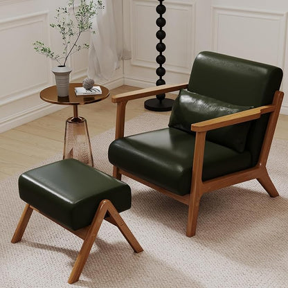 Accent Chair and Ottoman Set, Mid-Century Modern Faux Leather Upholstered Lounge Armchair with Pillow, Solid Wood Frame & Comfortable Cushion for Living Room, Bedroom, Balcony, Green