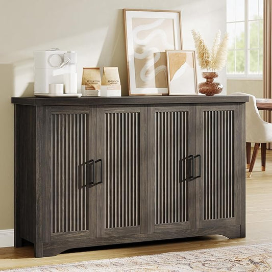 Memobarco Fluted Buffet Cabinet with Storage Accent Sideboard,Modern Credenza with 4 Doors & Adjustable Shelves,Wood Coffee Bar Table Console for Dining Room Kitchen Living Room Entryway,Gray