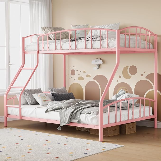 GarveeHome Metal Bunk Bed Twin Over Full, Heavy Duty Bunkbeds Frame with Arched Guardrail and Safety Ladder, Sturdy Steel Bed for Kids Boys Girls, Space-Saving, No Box Spring Needed, Pink