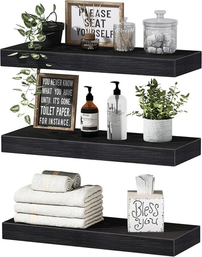 QEEIG Floating Shelves for Wall Bathroom Shelf Bedroom Kitchen Living Room Hanging Book Shelves Small Farmhouse Decor 16 inch Set of 3, Black (015-B3)