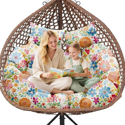 Double Egg Chair Cushion Replacement Waterproof for Outdoor Patio Hanging Basket Egg Chairs, 59x43-Inch Thickened 100% Cotton Large Double Eggs Swing Chair Cushions, Colored Daisy