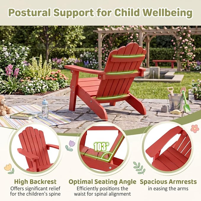 Giantex Kids Adirondack Chair, All-Weather HIPS Children's Outdoor Chair with Tilted High Backrest, Toddler Beach Chair for Garden Patio Backyard, Kids Lawn Chairs for Age 3-7 (1,Red)