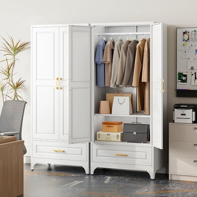 Metal Wardrobe Cabinets with Drawers,Black Armoire Wardrobe Closet with Hanging Rod,Clothes Storage Cabinet with Adjustable Shelves and Doors,Clothing Cabinet for Bedroom,Laundry Room