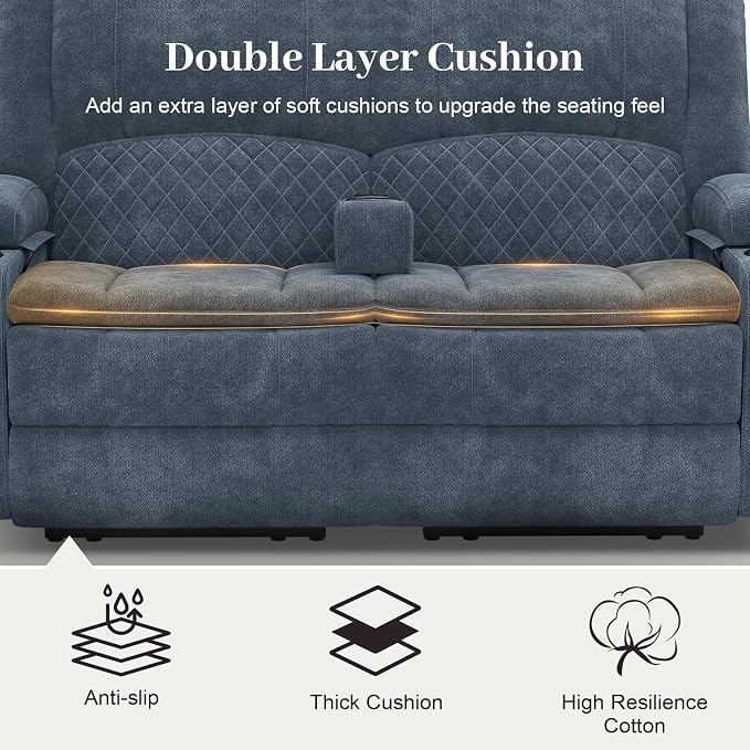 Yolsali Loveseat Recliner Sofa, Manual Reclining Loveseat with Removable Armrest, Fabric 2 Seater Couch for RV with 2-Tier Cushions, USB Charging Ports, Cup Holders - Blue
