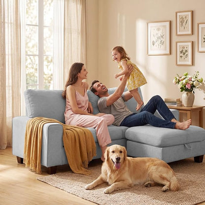 DOPEDIO L-Shaped Sectional Sofa with Storage Ottoman, Modern Chenille Recliner Loveseat, Removable Couch Covers, Pocket Spring Cushions, Solid Wood Frame, Easy to Install (88.58inch, Light Gray)