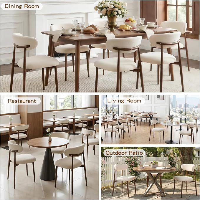 Furniliving Mid Century Modern Dining Chairs Set of 2, 300 lbs Capacity Upholstered Chenille Kitchen Chairs with Walnut Grain Metal Legs and Ergonomic Curved Back, Beige(Walnut/Chenille)