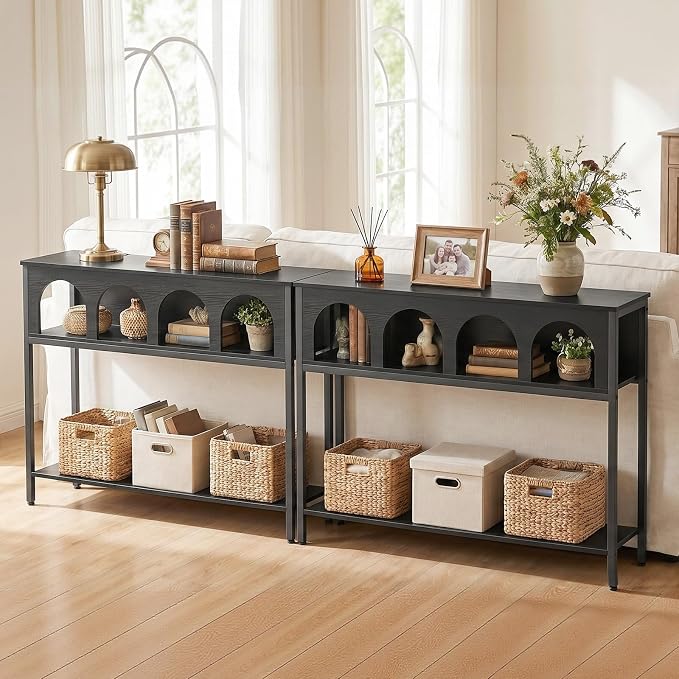 HOOBRO Narrow Console Table, Entryway Table with 3-Tier Storage, Sofa Table, Behind Couch Table with Arched Design for Living Room, Entrance, Hallway, Black BB106XG01