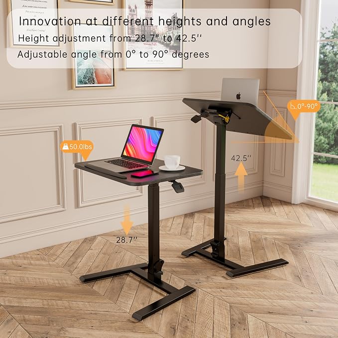alawooder 25" Mobile Folding Desk: Pneumatic Sit-Stand, No Assembly | 29-42" Height Adjustable Rolling Laptop Desk, Hidden Wheels, 0-90° Tilt Top. Ideal for Home Office, Craft & Study.