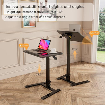 alawooder 25" Mobile Folding Desk: Pneumatic Sit-Stand, No Assembly | 29-42" Height Adjustable Rolling Laptop Desk, Hidden Wheels, 0-90° Tilt Top. Ideal for Home Office, Craft & Study.