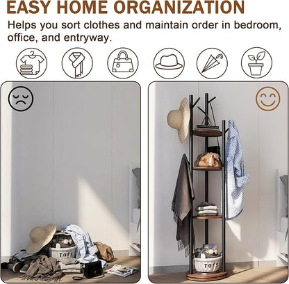Espelism Rotary Coat Rack Freestanding Metal Coat Hall Tree Stand with 4 Tiers Storage Display Shelf and 9 Hooks for Entryway Bedroom Corner Office Garment Clothes Holder (Brown)