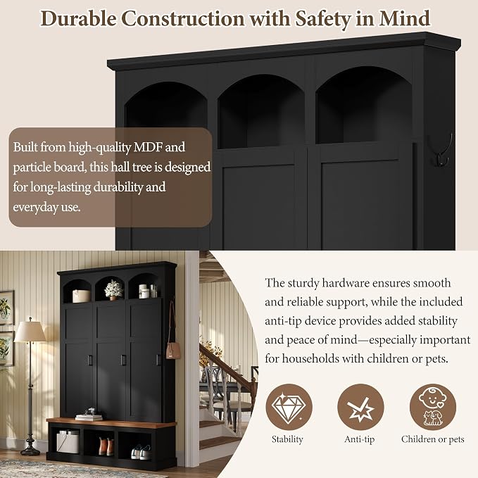 Merax Classic Arched Hall Tree with 3 Hidden Storage, Farmhouse Mudroom Bench with 5 Hooks, Mid-Century Entryway Organizer for Shoes, Black