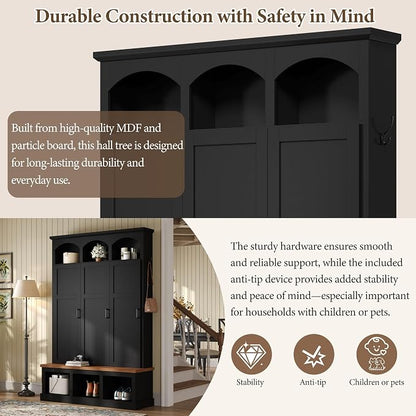 Merax Classic Arched Hall Tree with 3 Hidden Storage, Farmhouse Mudroom Bench with 5 Hooks, Mid-Century Entryway Organizer for Shoes, Black