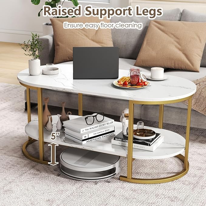 Giantex 2-Tier Coffee Table, Oval Center Table with Faux Marble Top & Open Storage Shelf, Modern Accent Table with Heavy Duty Metal Frame, Oval Coffee Tables for Living Room, White and Gold
