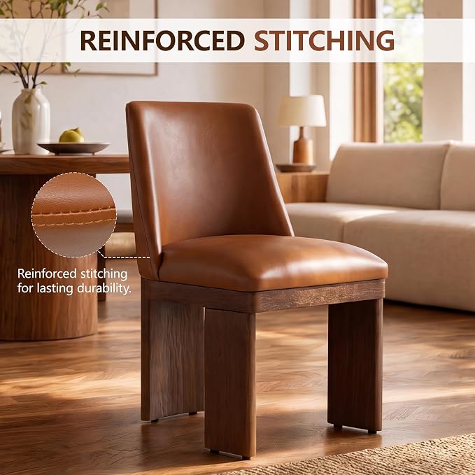 RIVOVA Upholstered Dining Chairs Set of 4, Modern Wooden Dining Room Chair PU Leather Kitchen Chairs Farmhouse Dinner Chair, Brown