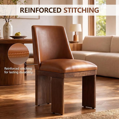 RIVOVA Upholstered Dining Chairs Set of 2, Modern Wooden Dining Room Chair PU Leather Kitchen Chairs Farmhouse Dinner Chair, Brown